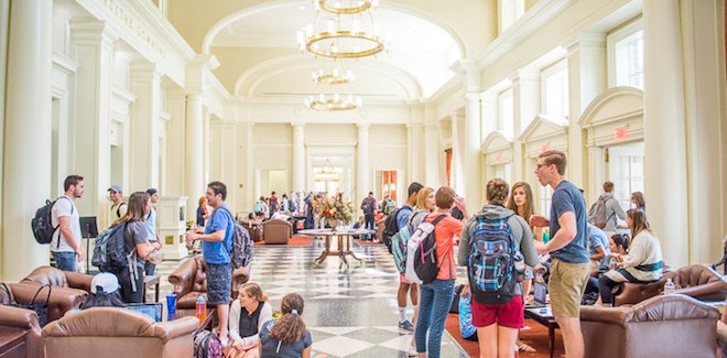 Students gathered in the Farmer School of Business atrium, Miami University