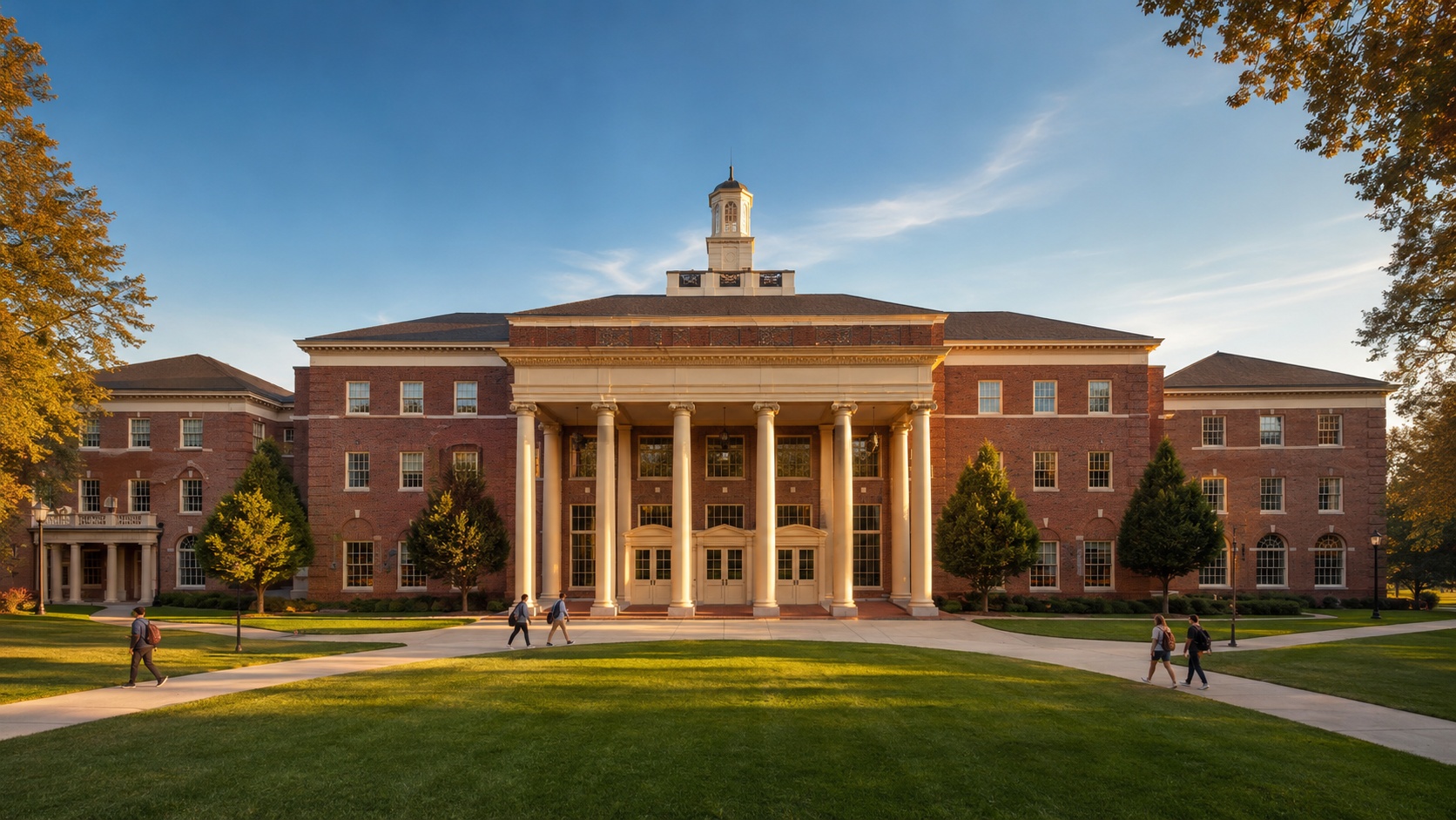 A Georgian-style academic building with a white cupola on Miami University's campus at golden hour, Oxford, Ohio